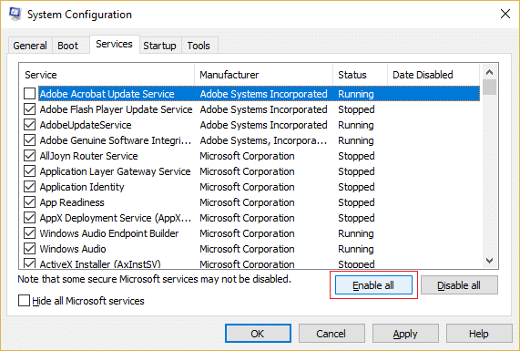 Habilite todos os serviços listados em msconfig