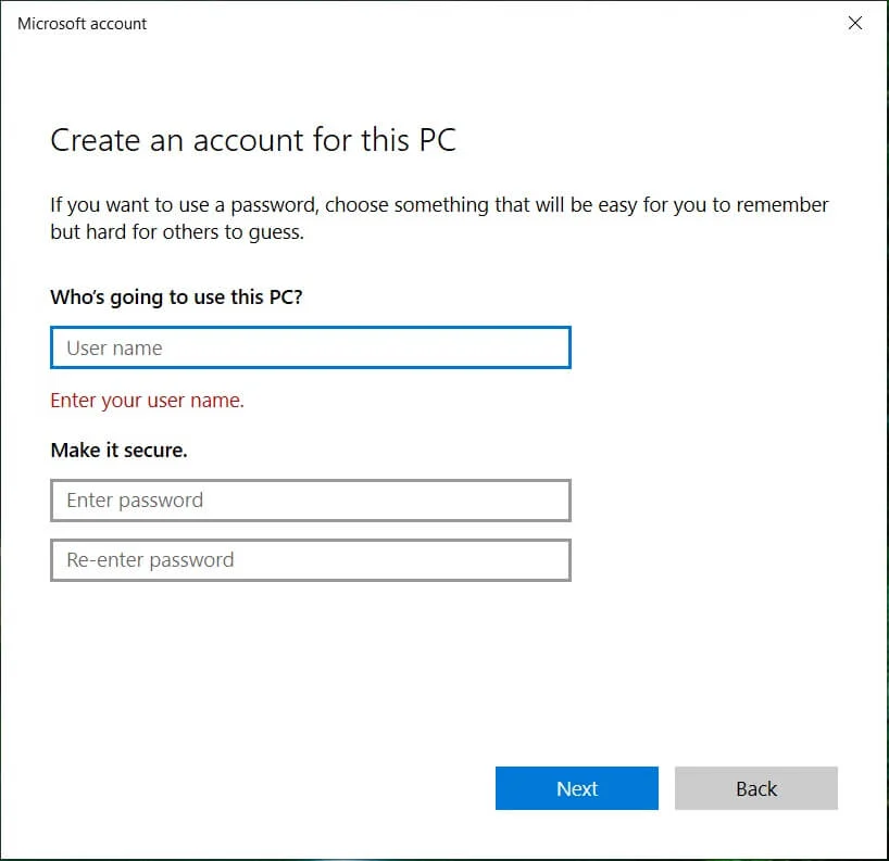 新しいアカウントのユーザー名とパスワードを入力し、[次へ]をクリックします