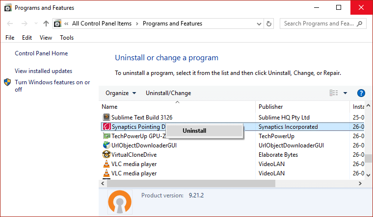 コントロールパネルからSynapticsポインティングデバイスドライバーをアンインストールする| Windows10でキーボードが機能しない問題を修正