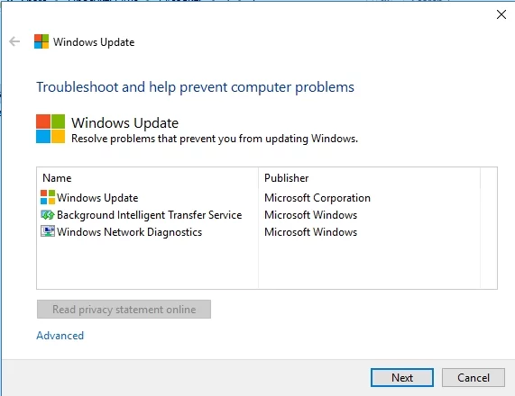 Windows Updateトラブルシューティングを実行して、更新を修正します。
