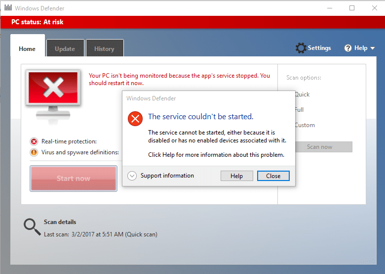 WindowsDefenderエラー0x80070422でサービスを開始できなかった問題を修正する