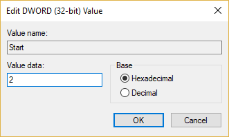 Start DWORDをダブルクリックして、その値を2に変更します