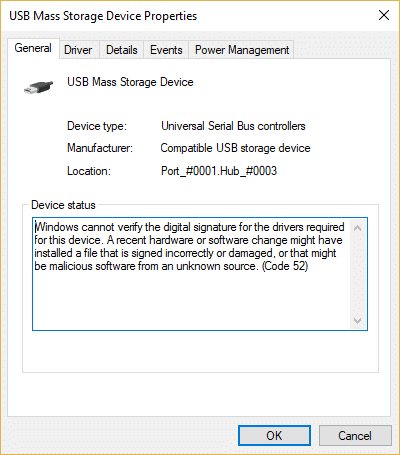USBエラーコード52を修正するWindowsがデジタル署名を検証できない