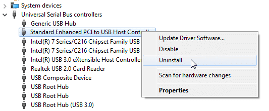 標準の拡張PCIをUSBホストコントローラーにアンインストールします