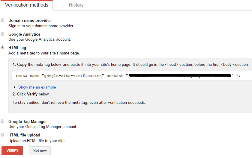 Méthode de vérification de l'onglet HTML du webmaster de Google