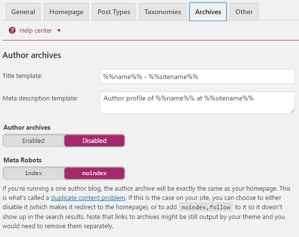 paramètres d'archive basés sur l'auteur yoast SEO
