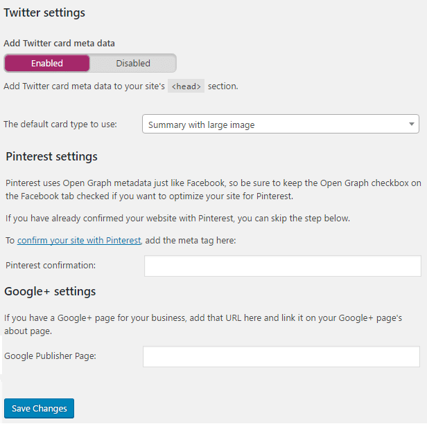 paramètres twitter, pinterest et google plus