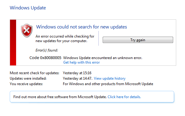 WindowsUpdateエラー0x80080005を修正