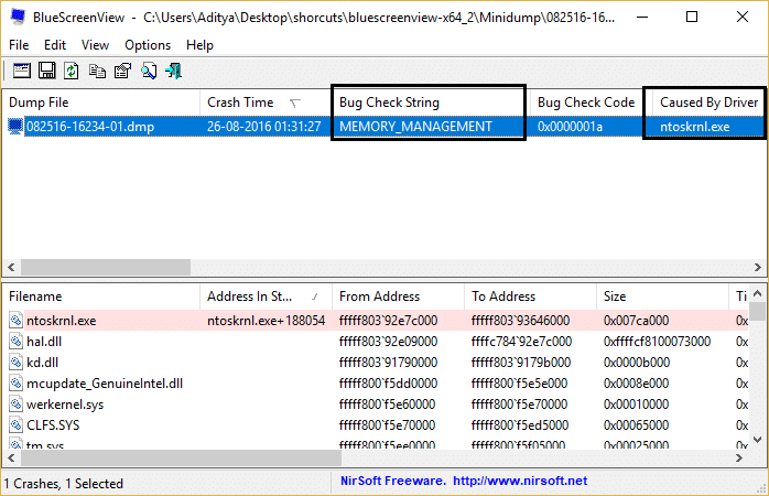 バグチェック文字列MEMORY_MANAGEMENTと、BlueScreenViewのドライバが原因で発生したものについては、を参照してください。