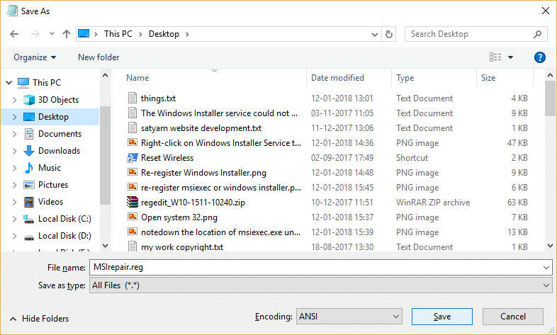 MSIrepair.regと入力し、[名前を付けて保存]から[すべてのファイル]を選択します