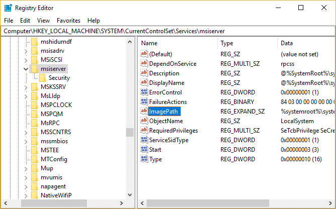 msiserverレジストリキーの下のImagePathをダブルクリックします