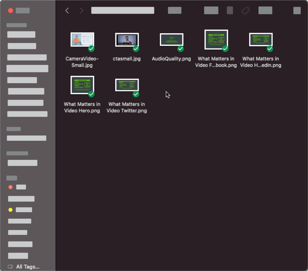 Окно MacOS, показывающее предварительный просмотр миниатюр различных файлов изображений.