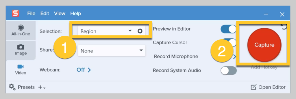 Как выбрать регион записи на Snagit