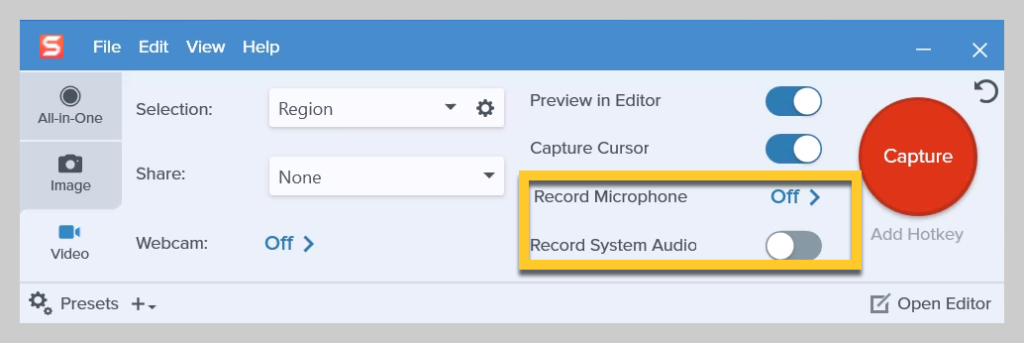 Как выбрать параметры аудиозаписи на Snagit