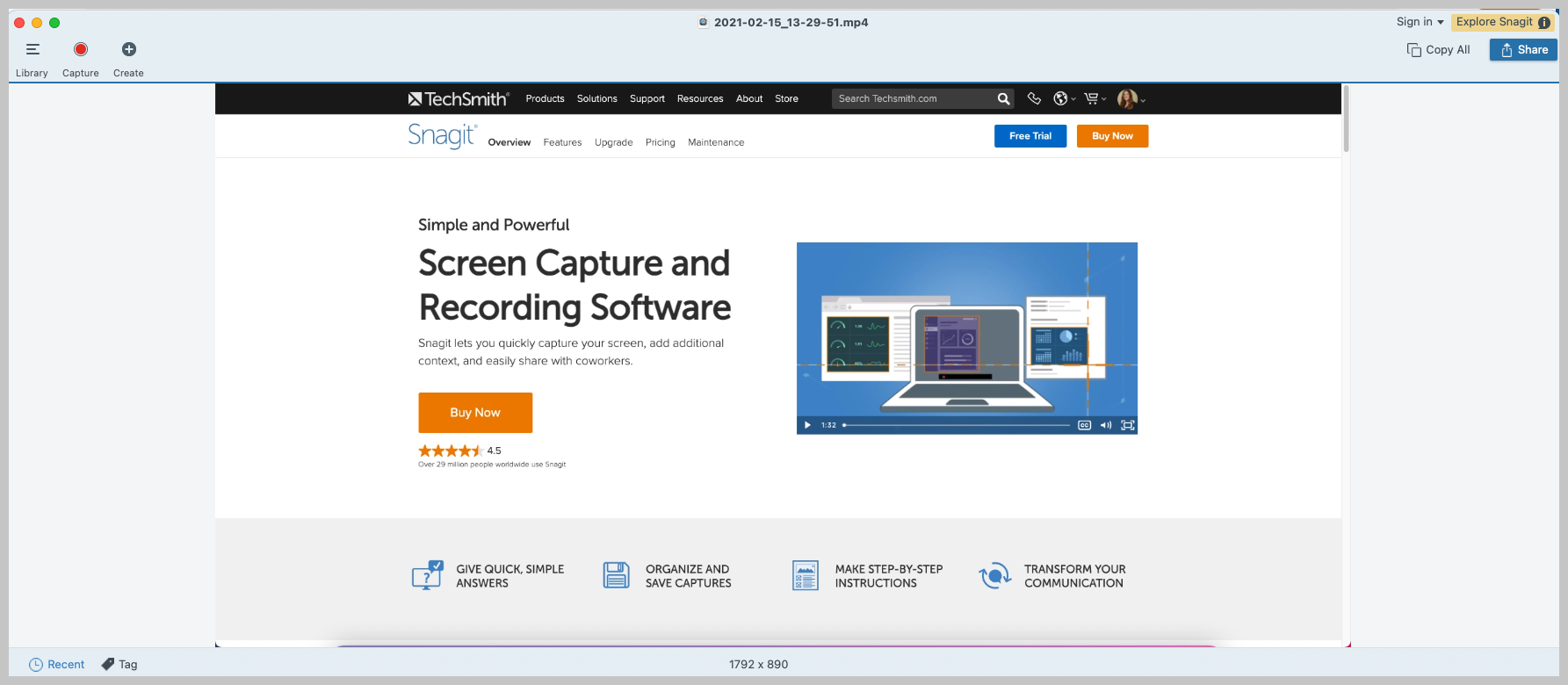 скриншот редактора snagit с записью экрана в нем