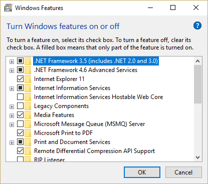 .net Framework 3.5(.NET 2.0および3.0に含まれる)をオンにします