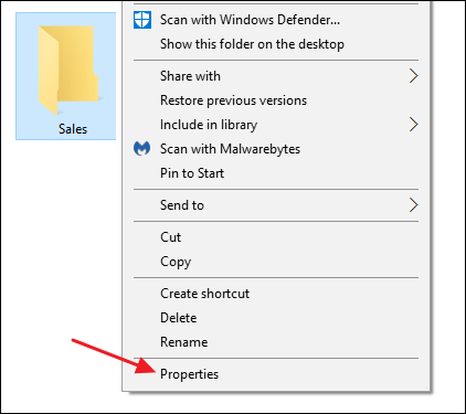 selectați proprietăți din meniul contextual al unui folder