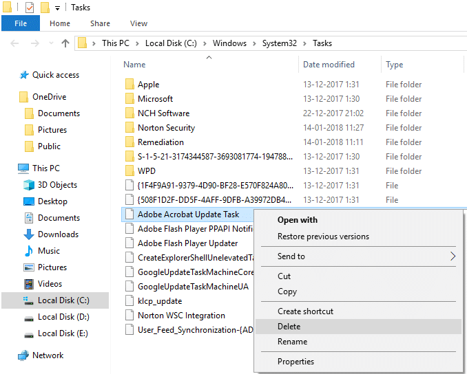 System 32Taskフォルダーの下にあるAdobeAcrobat UpdateTaskを右クリックします。