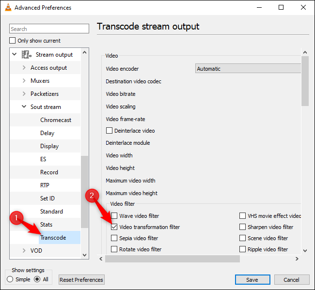 Abilitazione dell'opzione Trasformazione video in Transcodifica nelle preferenze avanzate di VLC.