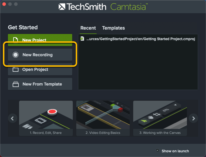 ในหน้าต่าง Camtasia คลิก New Recording