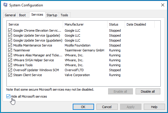 ทำเครื่องหมายที่ "ซ่อนบริการของ Microsoft ทั้งหมด"
