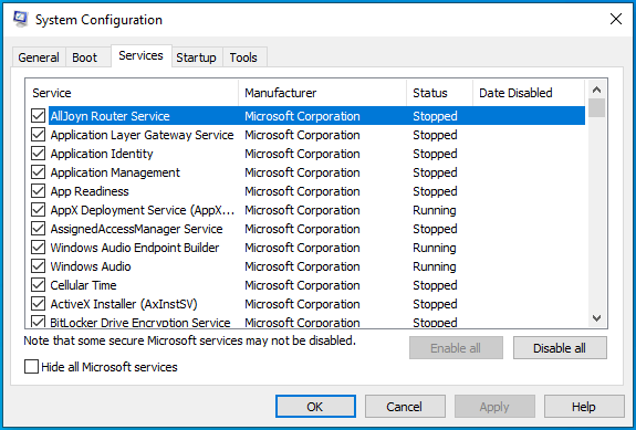 ไปที่แท็บ Services ในหน้าต่าง System Configuration