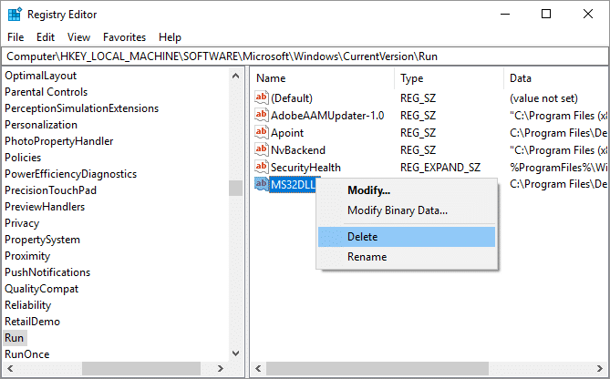 レジストリキーの実行からMS32DLLを削除します