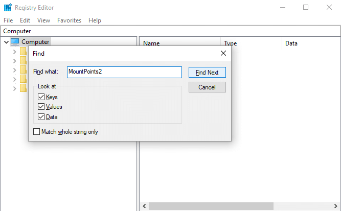 レジストリでMountPoints2を検索する