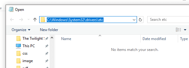 Pour ouvrir le fichier hosts, accédez à C:\Windows\system32\drivers\etc