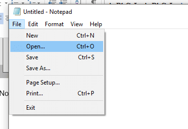Sélectionnez l'option Fichier dans le menu Bloc-notes, puis cliquez sur "Ouvrir"