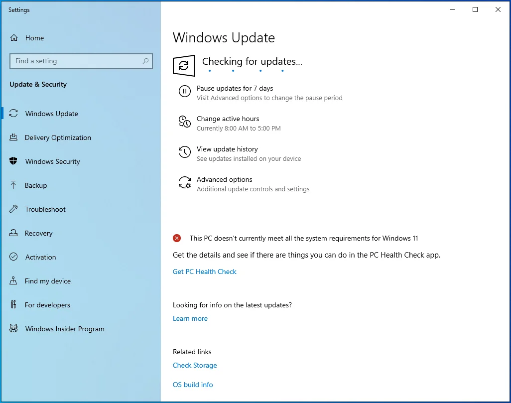 Windowsが更新をチェックするまで待ちます。