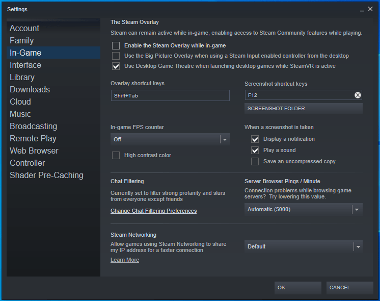 「ゲーム内でSteamオーバーレイを有効にする」を無効にします。
