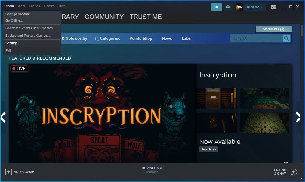 Haga clic en Configuración en Steam.