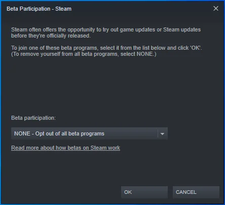 Seleccione "NINGUNO - Optar por no participar en todos los programas beta" en el menú de participación Beta.