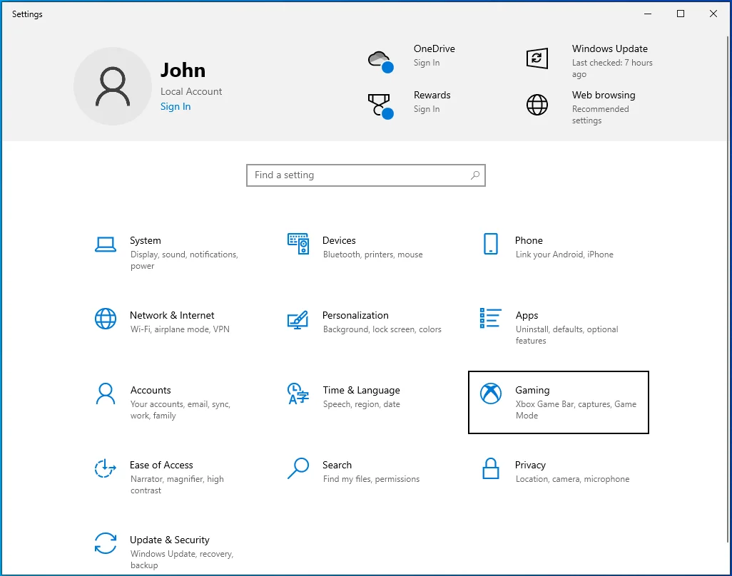 Haga clic en Configuración en Juegos.