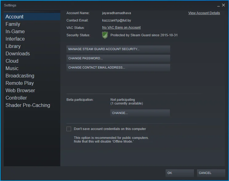Navega por la página de configuración de Steam.