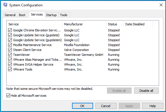 Marque "Ocultar todos los servicios de Microsoft" y haga clic en Deshabilitar todo.