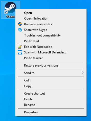 Haga clic derecho en el icono de Steam y seleccione "Abrir ubicación de archivo".