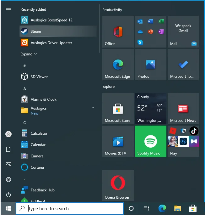 Ejecute el menú Inicio en Windows.