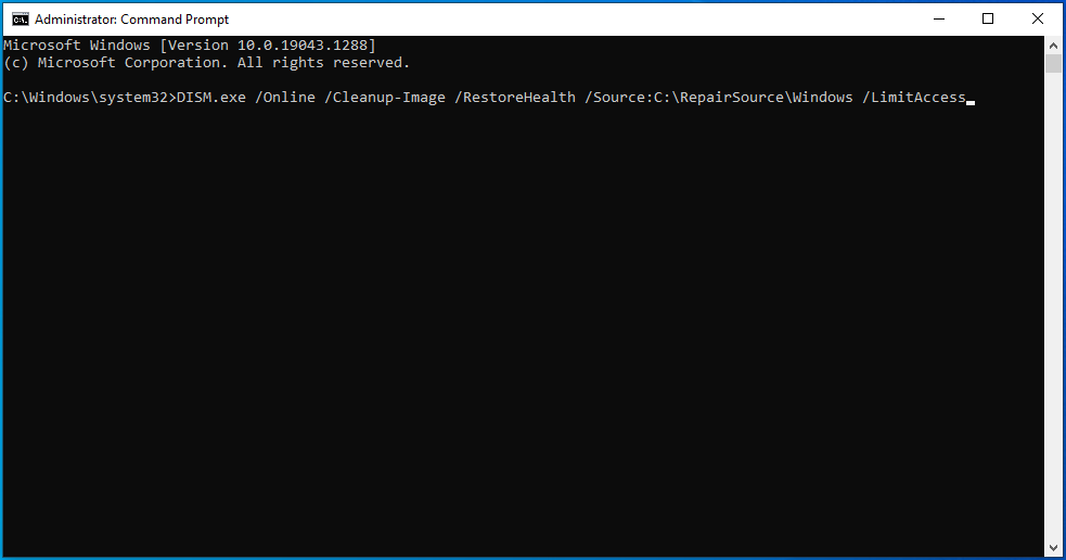 DISM.exe /在线类型 /Cleanup-Image /RestoreHealth /Source:C:\RepairSource\Windows /LimitAccess 进入 cmd。