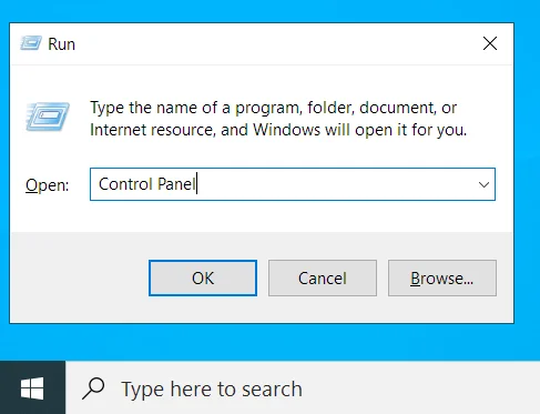 Digita "Pannello di controllo" in Esegui e premi Invio.