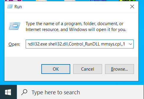 Digitare rundll32.exe shell32.dll, Control_RunDLL mmsys.cpl,,1 in Esegui.