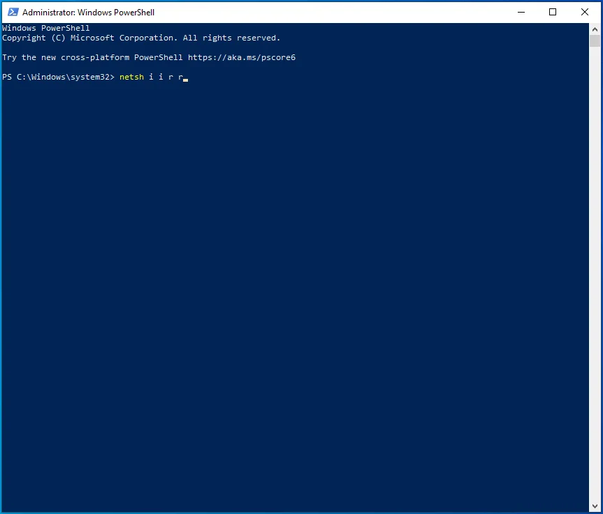 Incolla il comando netsh i i r r in PowerShell.