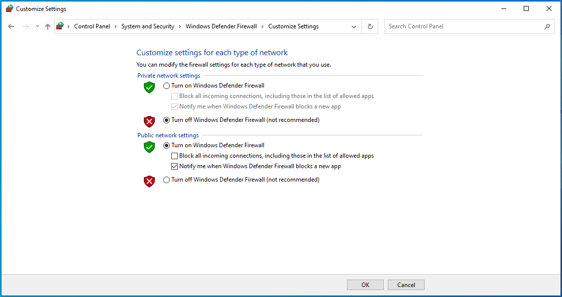 Seleziona "Disattiva Windows Defender Firewall (non consigliato)."