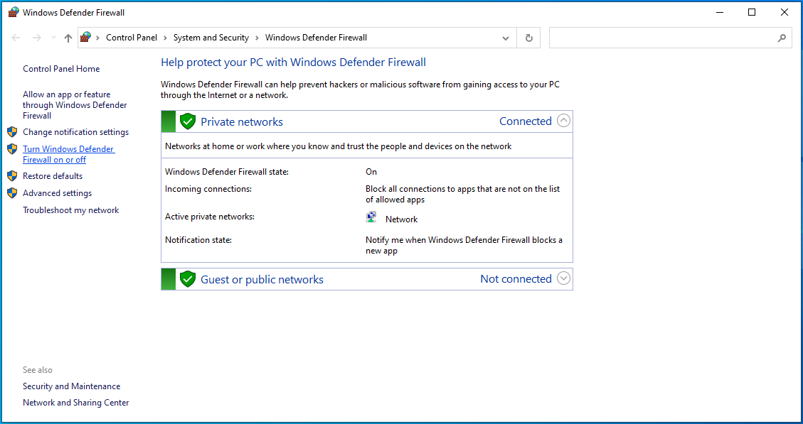 Fai clic su "Attiva o disattiva Windows Defender Firewall" nel riquadro di sinistra.