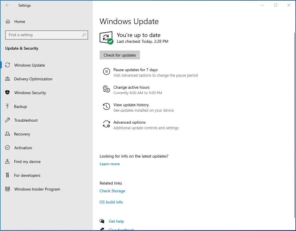 Windows 更新面板將打開。