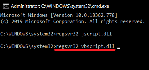 Ora, digita regsvr32 vbscript.dll e premi invio
