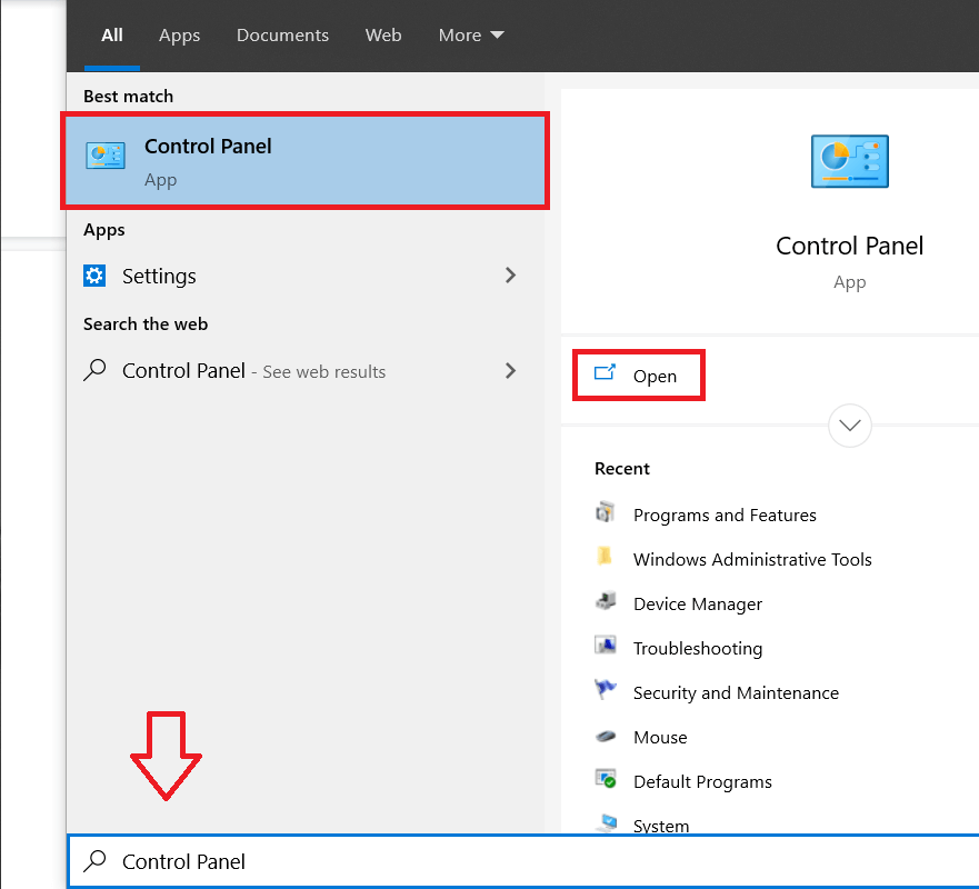 Premere il tasto Windows e cercare il Pannello di controllo e fare clic su Apri