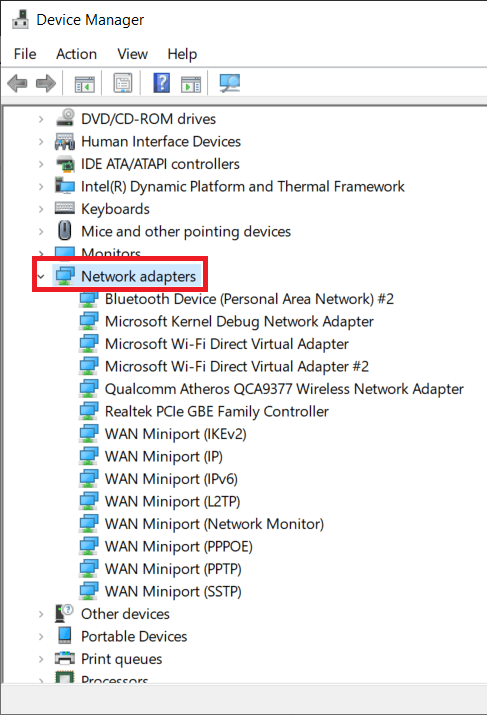 Fare doppio clic su Schede di rete o fare clic sulla freccia accanto ad essa | Come correggere l'errore 0x80004005 su Windows 10