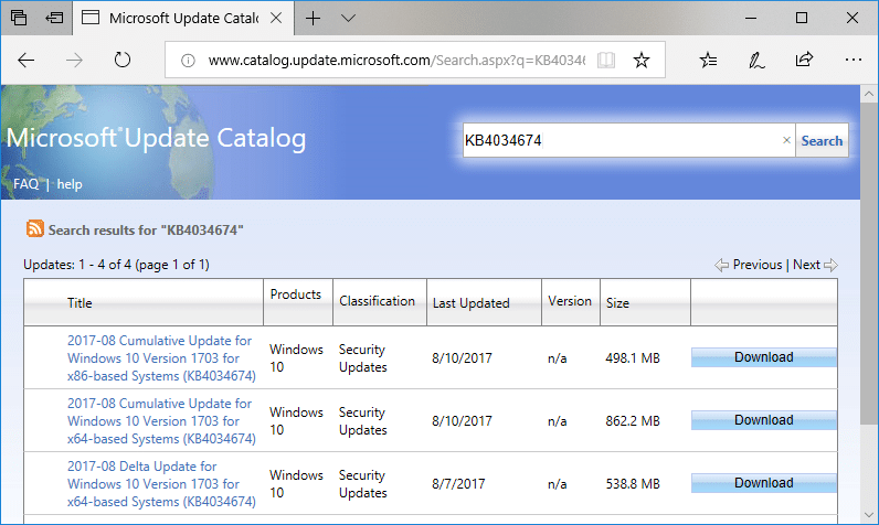Apri Internet Explorer o Microsoft Edge, quindi vai al sito Web del catalogo di Microsoft Update